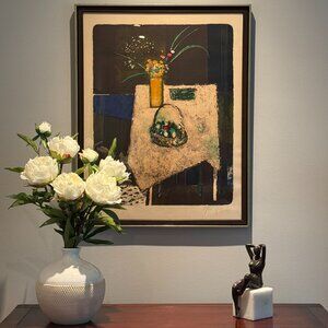 Mid 20th Century Rene Genis Signed Lithograph of Flowers and Basket on a Table